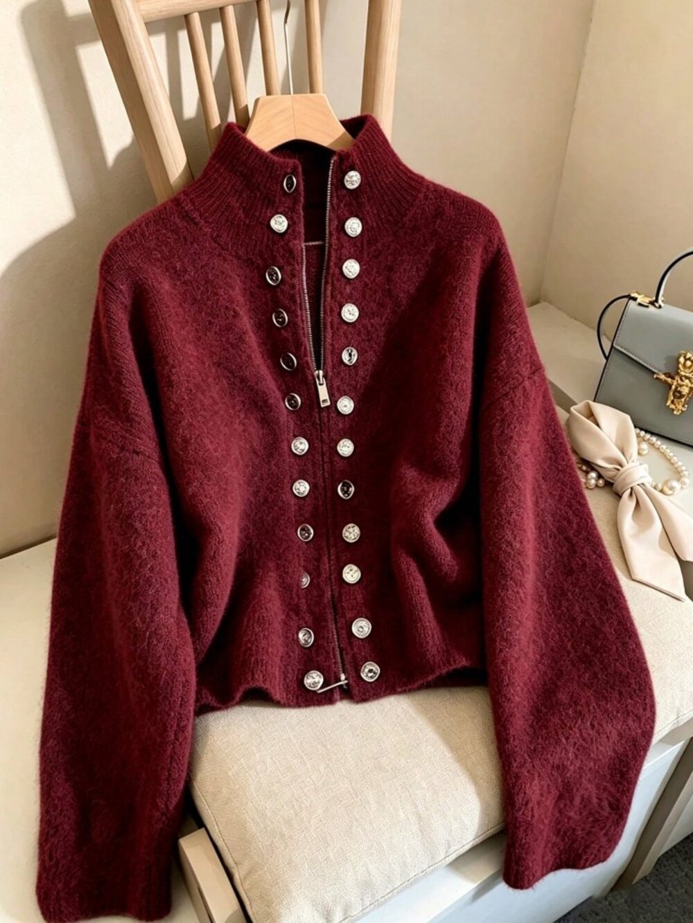 Red Casual Women's Knitted High Neck Long Sleeve Cardigan